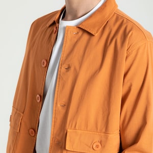 Orange Cotton Short Jacket with Pockets for Men, %100 Organic Cotton Jacket with Buttons, Spring Shirt Style Collar, Solid Colour image 2