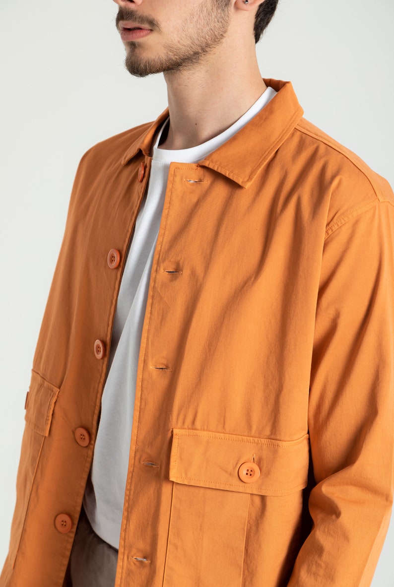 Orange Cotton Short Jacket with Pockets for Men, %100 Organic Cotton Jacket with Buttons, Spring Shirt Style Collar, Solid Colour image 2