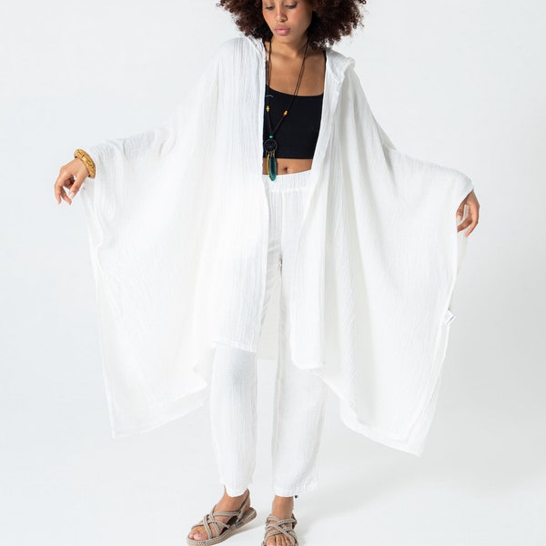 White Muslin Loose Hooded Bohemian Caftan, Bohemian Style 100% Cotton Kimono Robes, Kimono Cardigan Wrap, Beach cover up, mother's day gift