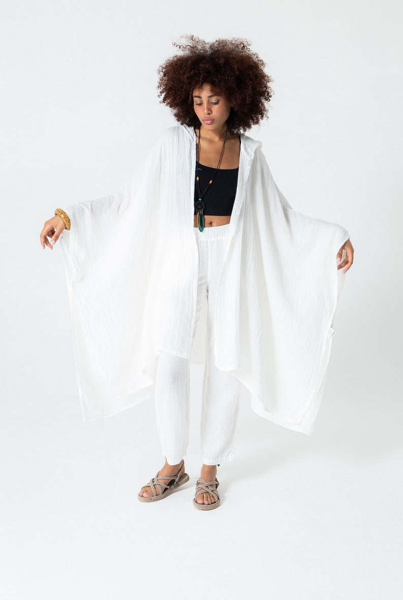 White Muslin Loose Hooded Bohemian Caftan, Bohemian Style 100% Cotton Kimono Robes, Kimono Cardigan Wrap, Beach cover up, mother's day gift White