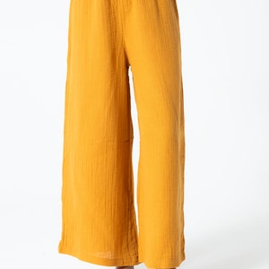 Yellow Muslin Relaxed Fit Elastic Waist Wide Leg Bohemian Pants, 100% Organic Cotton Trousers, With Pockets,Soft Linen Pants image 2