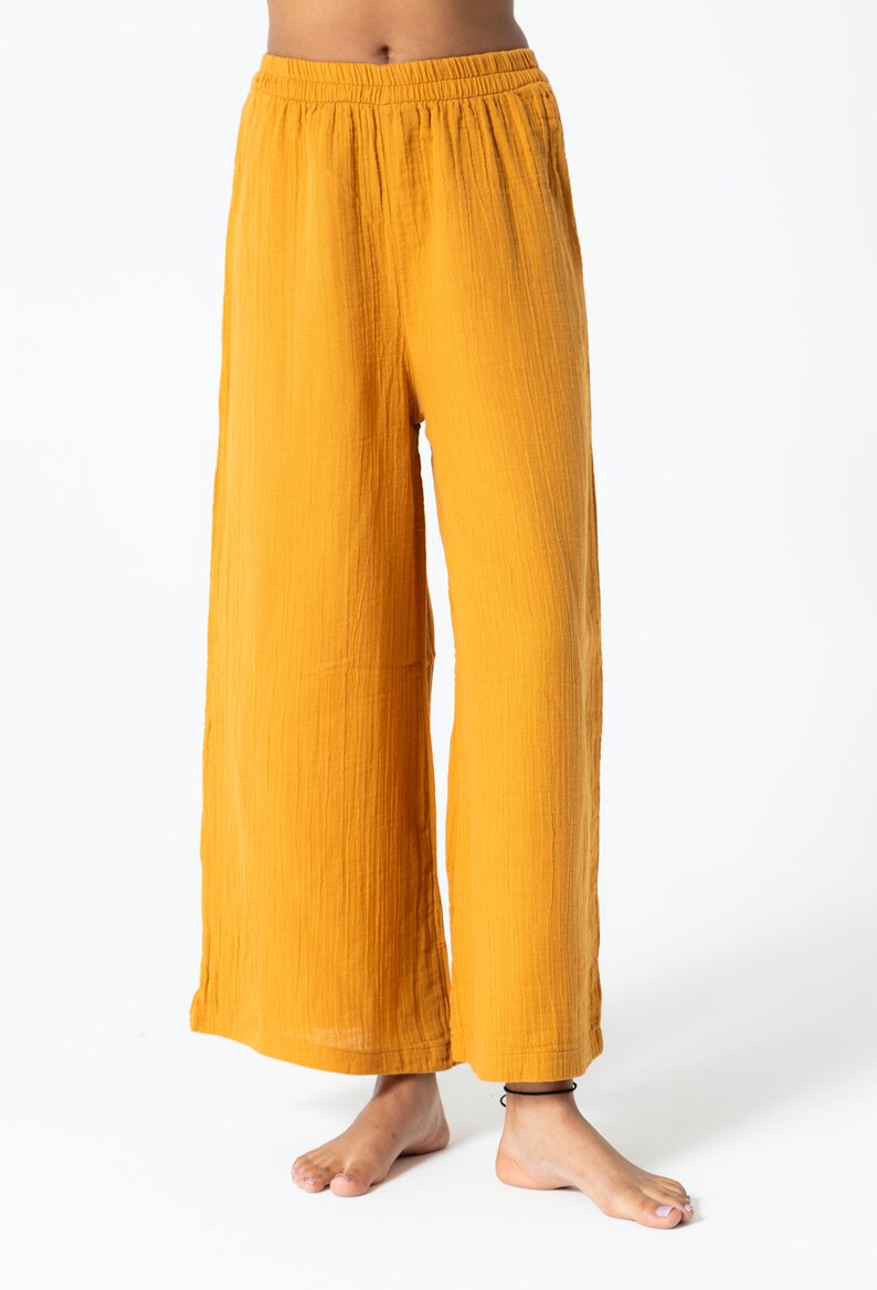 Yellow Muslin Relaxed Fit Elastic Waist Wide Leg Bohemian Pants, 100% Organic Cotton Trousers, With Pockets,Soft Linen Pants image 2