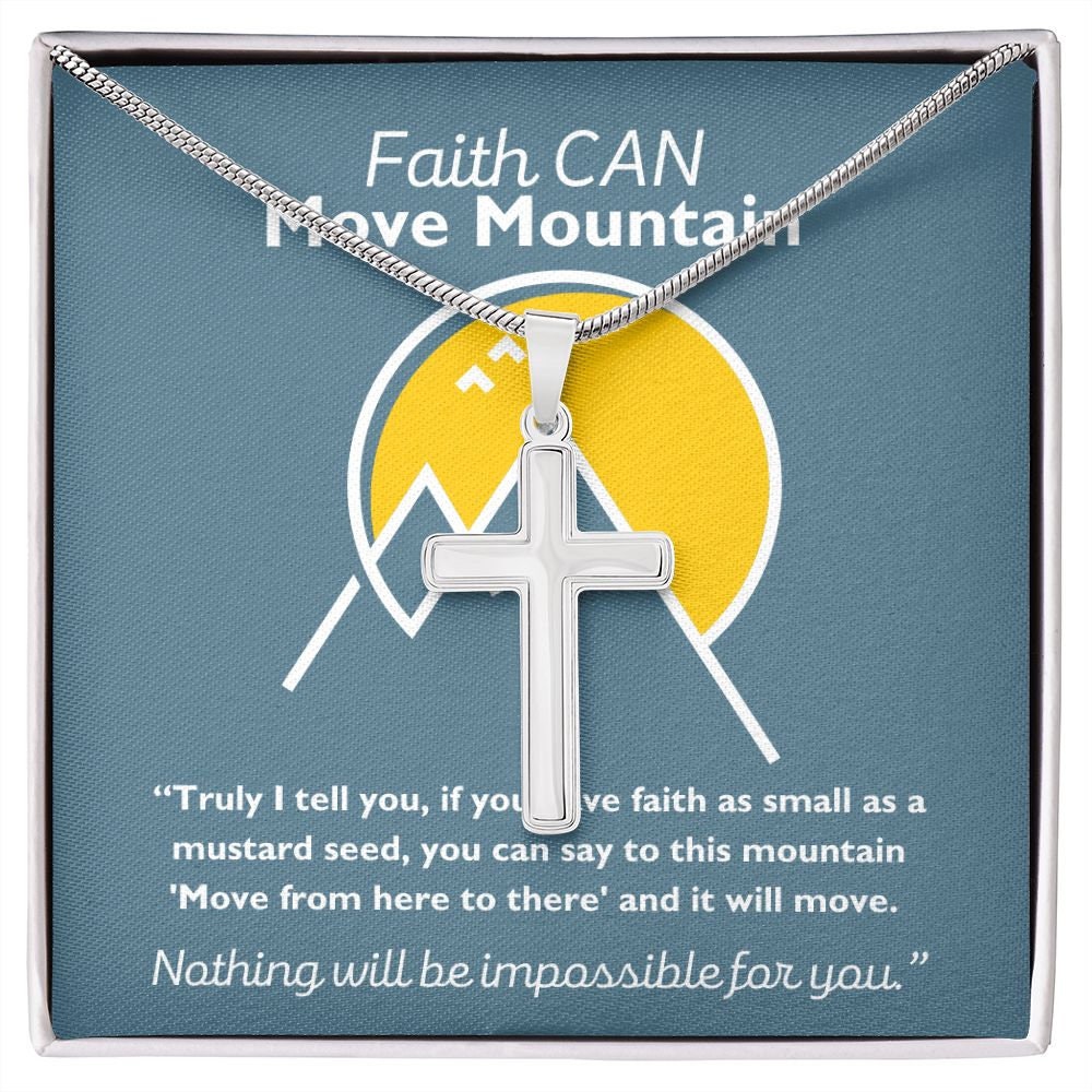 Christians Gift Cross Necklace Faith Can Move Mountain, Mustard