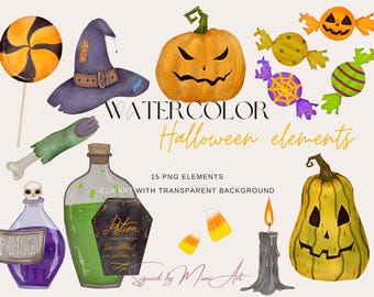 Watercolor Halloween Clipart | Spooky Pumpkin, Witch Hat (Digital Download)