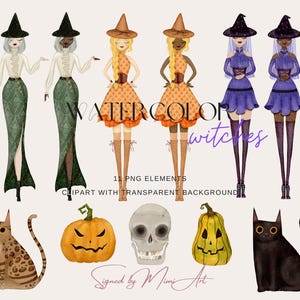 Halloween witch watercolor clipart | cat clip art, pumpkin, witch, Halloween party, birthday party, instant download, planner sticker png