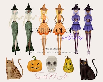 Halloween-häxa i akvarell Clipart | Pumpa, Katt (Direkt Nedladdning)