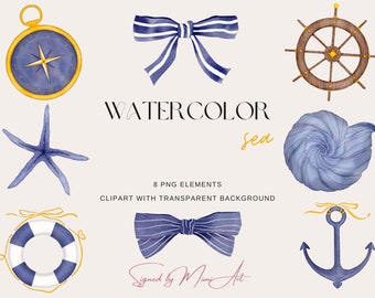 Watercolor Nautical Clipart | Sea Elements PNG (Digital Download)