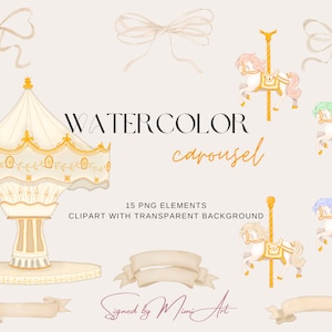Carrossel aquarela clipart | carrossel cavalo clipart, arte de berçário de pônei, festa de aniversário, chá de bebê, download instantâneo, planejador adesivo png