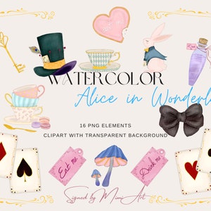 Alice im Wunderland Aquarell Clipart | Alice Clip Art, Teeparty, Geburtstagsfeier, Babyparty, sofortiger Download, Planer Aufkleber png