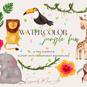 Clipart acquerello di animali della giungla / clipart safari, leone, foglia della giungla, festa di safari, festa di compleanno, download immediato, adesivo per planner png