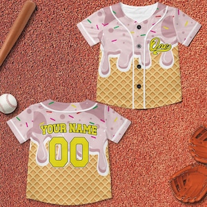 Kundenspezifisches tropfendes Eis-Geburtstags-Baseball-Jersey für Kind, Waffel-Kegel-Design, personalisiertes Namen-u