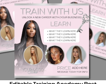 Train with us editable post, for training academy, beauty training flyer for business owner, editable template, pink and silver theme