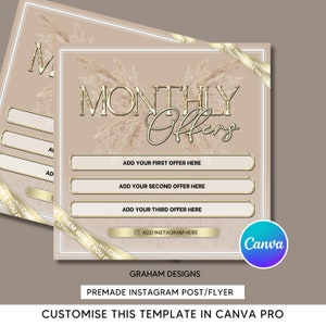 Oferty miesięczne, Canva Edytowalny, Szablon dla Instagram Feed, Branża kosmetyczna, Boho Chic Premade Post, Dla kosmetyczki, Beżowy i złoty