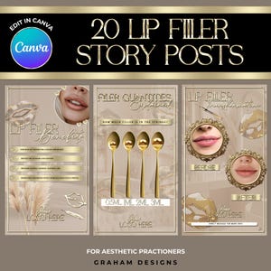 20 x Lip filler instagram posts, beige and gold, for IG story & reel cover for aesthetic practitioner