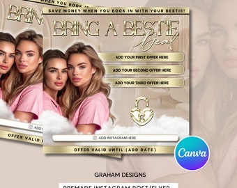 以下が含まれることがあります： ピンクとゴールドのInstagram投稿テンプレートで、「Bring a bestie deal」というテキストと鍵のアイコンが表示されています。テンプレートには、最初のオファー、2番目のオファー、3番目のオファー、Instagramのハンドル、オファーの有効期限を追加するスペースがあります。テンプレートはCanva Proでカスタマイズできます。