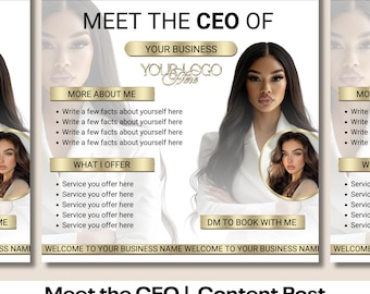 Meet the CEO, face behind the business, Meet the founder, for beauty salon instagram post flyer, Services we offer flyer, real estate