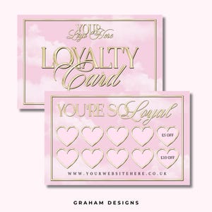 Design della carta fedeltà rosa, rosa e oro, per titolari di attività di bellezza, Lash Tech, estetista, solo progettazione digitale, modifica in Canva