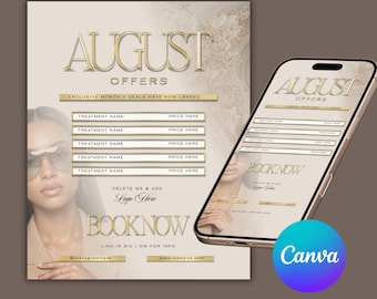 August Offers, Canva Template, Beauty Salon, Beige Gold Luxe (Instant Download)