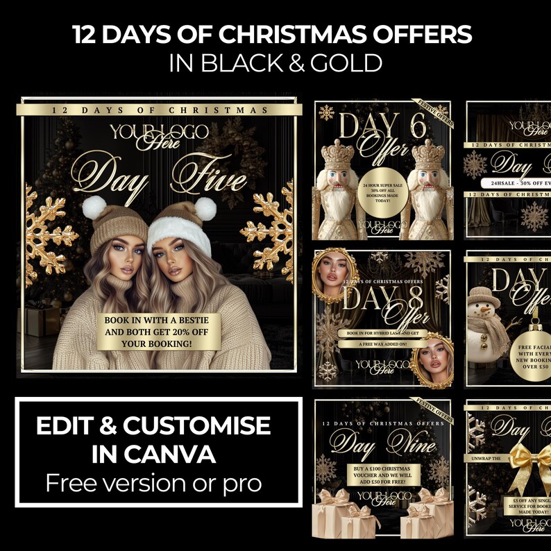 May include: A set of 12 social media graphics for a business promoting Christmas offers. Each graphic features a black and gold background with a snowflake design and the text "12 Days of Christmas Offers". The graphics are numbered from 1 to 12 and each features a different offer. The graphics are designed to be used on social media platforms such as Instagram and Facebook.