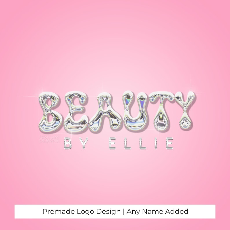 May include: A silver metallic logo design with the word "BEAUTY" in a bubbly font. The text "BY ELLIE" is below the word "BEAUTY". The logo is on a pink background.