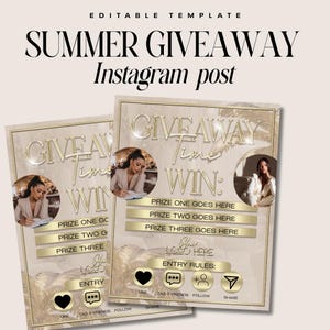 Könnte beinhalten: Zwei Instagram-Post-Vorlagen in Gold- und Beigetönen. Der Text lautet "SUMMER GIVEAWAY" und "GIVEAWAY Time WIN". Jede Vorlage bietet Platz für Preise, ein Logo und Teilnahmebedingungen mit Social-Media-Symbolen.