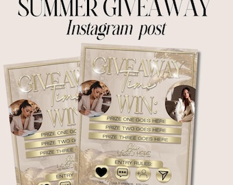Summer Giveaway Instagram Post, Competition Flyer,  Canva Template | Beige & Gold  | Instant Download | Beauty Business