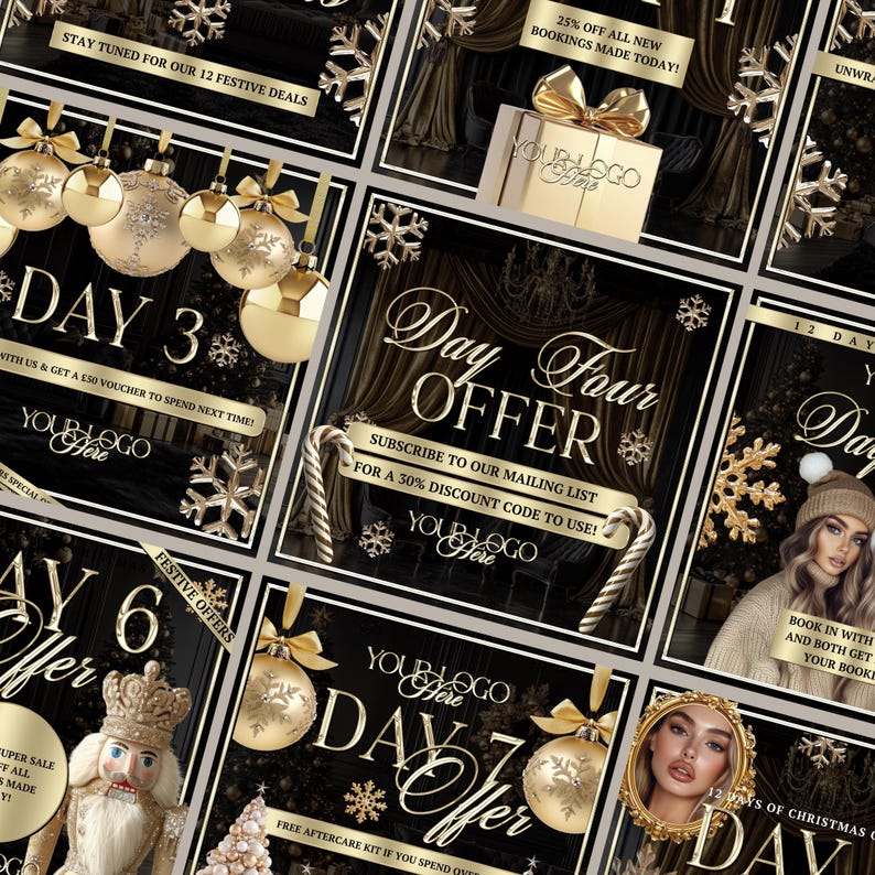 May include: Twelve days of Christmas social media post templates with gold and black color scheme. Each day features a different offer and a festive design with snowflakes and ornaments. The text includes "Day 3 Offer", "Day 4 Offer", "Day 6 Offer", and "Day 7 Offer".