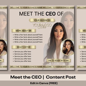 May include: A content post template with the headline "Meet the CEO of" and space for a business logo. It features sections for personal details and services offered, with a call to action to book via direct message. The design is intended for promotional use.