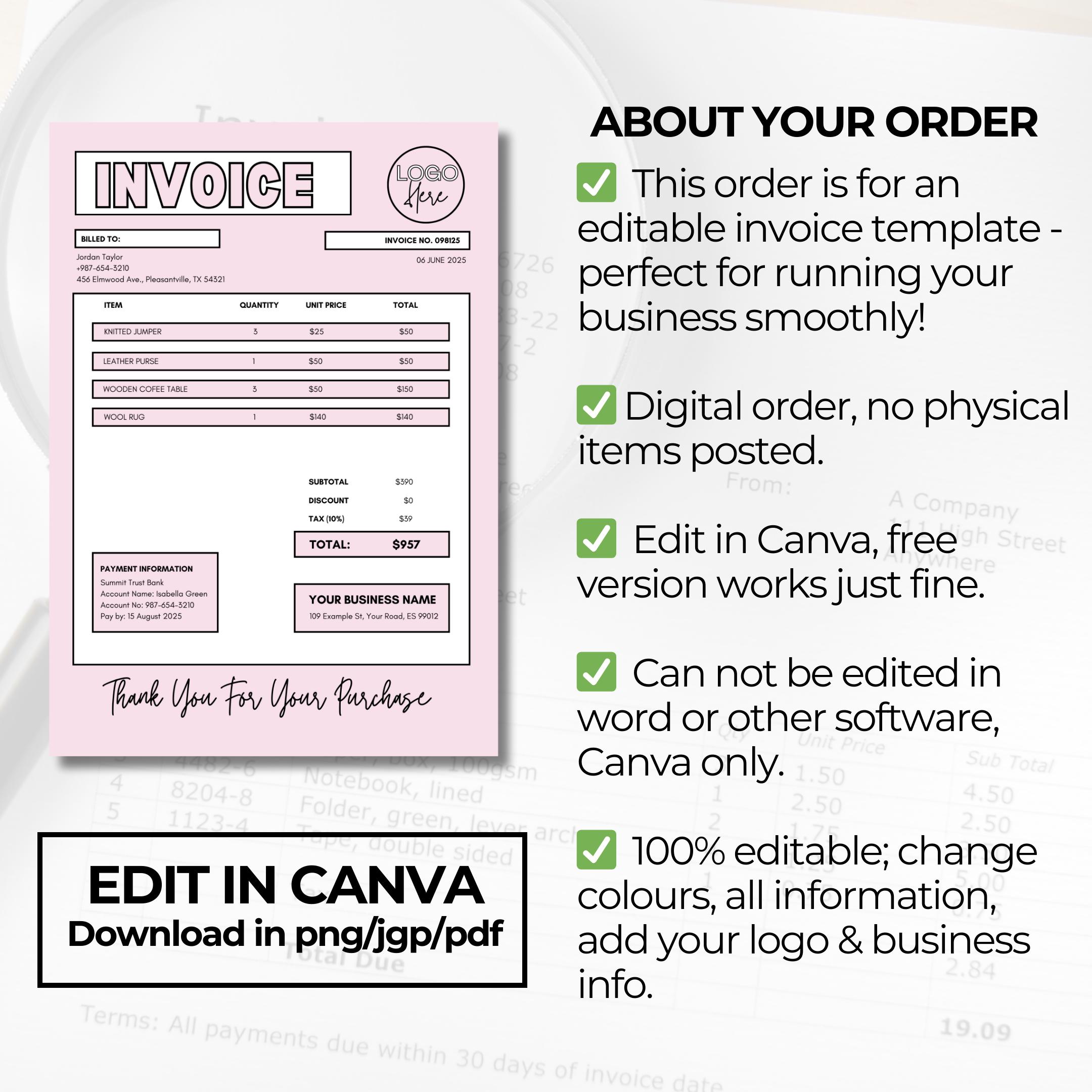 Pink Invoice Template, Editable in Canva, DIY Book-keeping, for Small ...