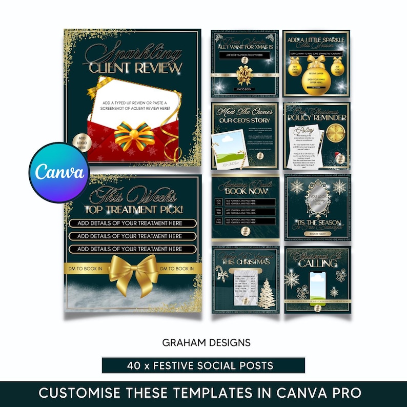 May include: A set of 40 festive social media post templates for businesses. The templates feature a green and gold color scheme with a variety of Christmas-themed graphics, including snowflakes, ornaments, and a Christmas tree. The text on the templates includes phrases like "Sparkling Client Review", "This Week's Top Treatment Pick", "Book Now", and "It's the Season".