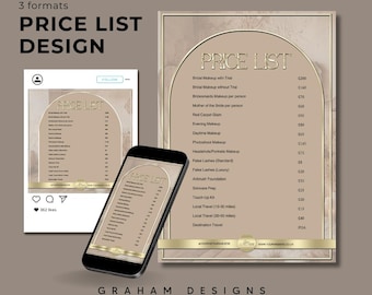 Beige & Gold Price List, 3 X Templates, Editable in Canva, Minimalist Aesthetic, Instagram Story, Instagram Feed, Printable Treatment menu