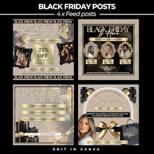Peut inclure: Quatre modèles de publication sur les réseaux sociaux pour les soldes du Black Friday. Chaque publication présente une palette de couleurs or et noir avec une variété d'images et de textes. Le texte comprend "Black Friday Sale Time", "Black Friday is Here", "Black Friday Offers", et "Exclusive Black Friday Secret Sale".