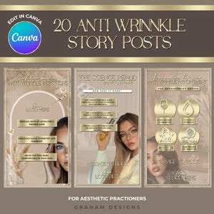 May include: Three Instagram story post templates for anti-wrinkle injections. The first post features a syringe and text that reads "Confidence boosting Anti Wrinkle Injections". The second post features a woman with glasses and text that reads "The Science Behind Anti Wrinkles". The third post features a woman with text that reads "Preparing for your Anti Wrinkle Appointment".