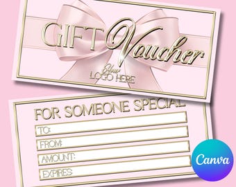 Christmas Gift Voucher Template, For Business Owner, Pink & Gold Theme, With Bow Design, Gift Certificate Festive | Canva Pro Digital