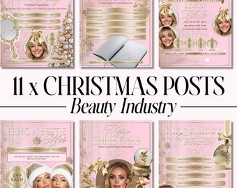 11 x Christmas Instagram Feed For Beauty Business, Festive Promotions Instagram Post, Edit In Canva, Pink and Gold theme | Instant Download