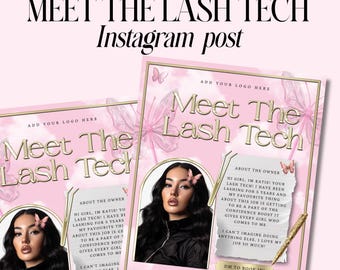 Meet the Lash tech post for instagram feed, Lash artist marketing, Editable Template, Pink and gold