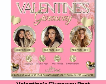 Valentine's Giveaway post, For Instagram, Valentines offer, flyers for beauty business, pink and gold template