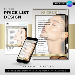 Lista cenowa White and Gold, 3 szablony, edytowalne w Canva, minimalistyczny design, Instagram Story, Instagram Feed, drukowalne menu zabiegów