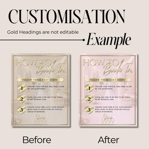 May include: A pink and gold graphic with the text "HOW TO BOOK IN" and instructions on how to book an appointment. The graphic includes a gold heart with the number 1, 2, and 3.