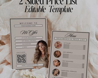 Op de afbeelding: Dubbelzijdige prijslijstsjabloon met een beige achtergrond. De linkerkant zegt "Welkom bij uw bedrijfsnaam" en "Wij bieden" met diensten vermeld. De rechterkant zegt "Menu Behandelingen & Prijslijst". Bevat een QR-code en een vrouwenafbeelding.