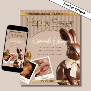 May include: An Easter advert with a chocolate bunny wearing a cream bow, a smartphone, and two polaroid photos. The text says "Happy Easter" and "Special Offers". The background is a light brown color.