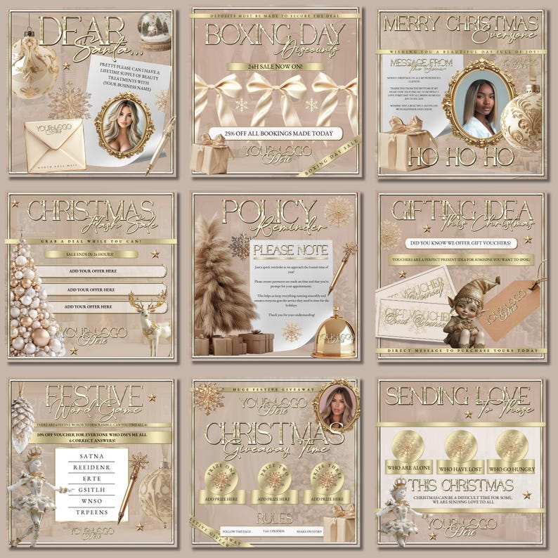 Christmas Beauty Social Media Post Bundle, Editable Canva IG Posts