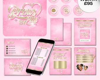 Beauty Business Branding Package, Pink heart y2k Logo, Social Media kit (Canva Pro Required)