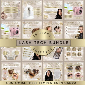 May include: A set of 16 customizable social media templates for lash technicians. The templates feature a light brown background with gold accents and butterflies. The text on the templates includes phrases like "Lash Tech Bundle", "Lash Model Search", "Crying With Lashes", and "Benefits of Lash Extensions".
