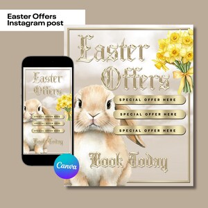Può includere: Un'illustrazione digitale di un coniglio bianco con un mazzo di narcisi gialli. Il testo "Easter Offers" è in un carattere dorato con un bordo dorato. Il testo "Book Today" è anche in un carattere dorato con un bordo dorato. Ci sono tre pulsanti che dicono "Offerta speciale qui".