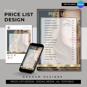 Szablon cennika usług kosmetycznych, 3 rozmiary X, edytowalny w Canva, minimalistyczny design, historia na Instagramie, kanał na Instagramie, drukowany zabieg i usługa
