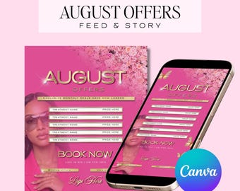 Pink Gold, August Offers, Beauty Business Owner, Canva Template For Instagram | Monthly Offers