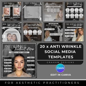 Aesthetic Practitioner,  20 x Anti Wrinkle Templates, Botox Aftercare, Instagram Templates, Aesthetics, Silver & Black, Canva Templates