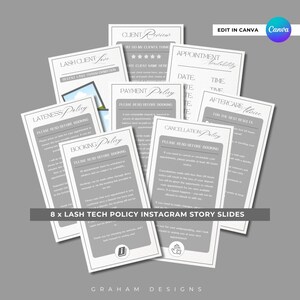 May include: Eight gray and white Instagram story slides with text about lash tech policies. The slides include titles like "Lash Client Love", "Lateness Policy", "Booking Policy", "Payment Policy", "Appointment Availability", "Cancellation Policy", and "Aftercare Advice".