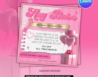Hey Babe Announcement Flyer Template, Beauty Y2K, Canva Pro (PDF)